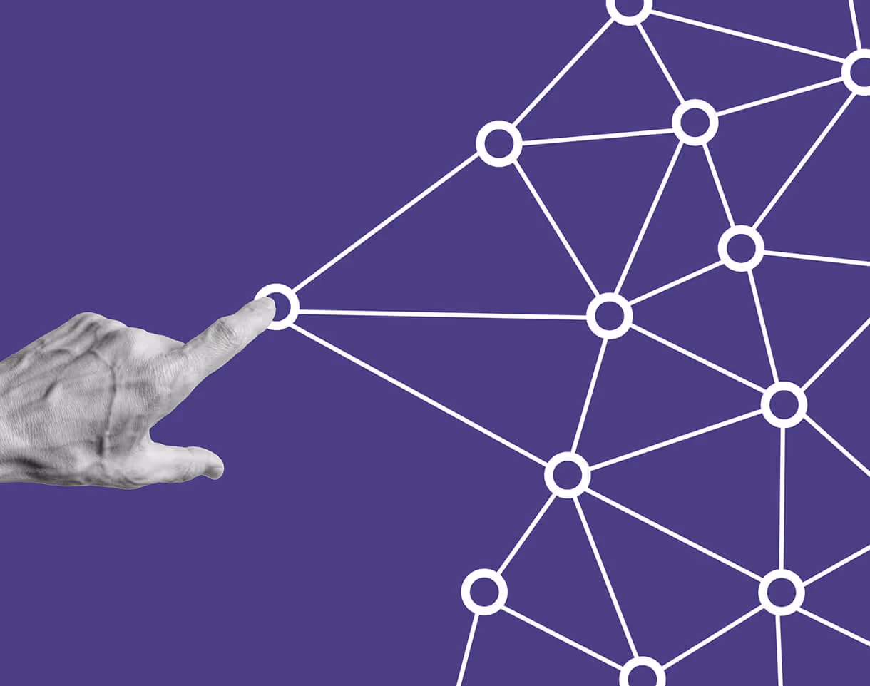 Hand pointing to a node in a network of interconnected circles and lines on a purple background.