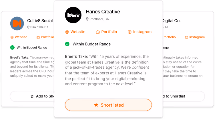 Three digital marketing agency cards showing names, locations, budget status, summaries, and shortlist buttons.