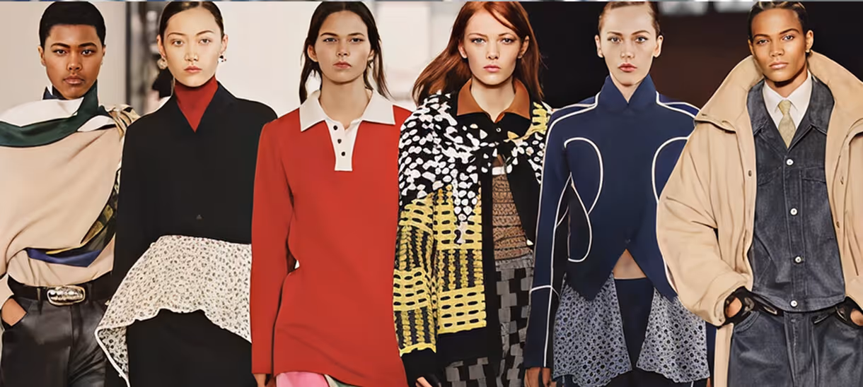 Six fashion models in diverse, stylish fall clothing walking forward against neutral background.