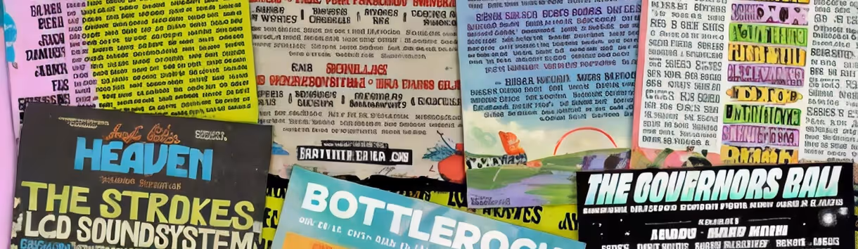 Colorful stacked posters featuring band names like The Strokes and LCD Soundsystem.
