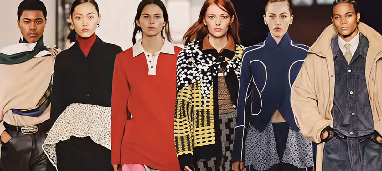 Six diverse fashion models wear stylish fall outfits on a runway with serious expressions.