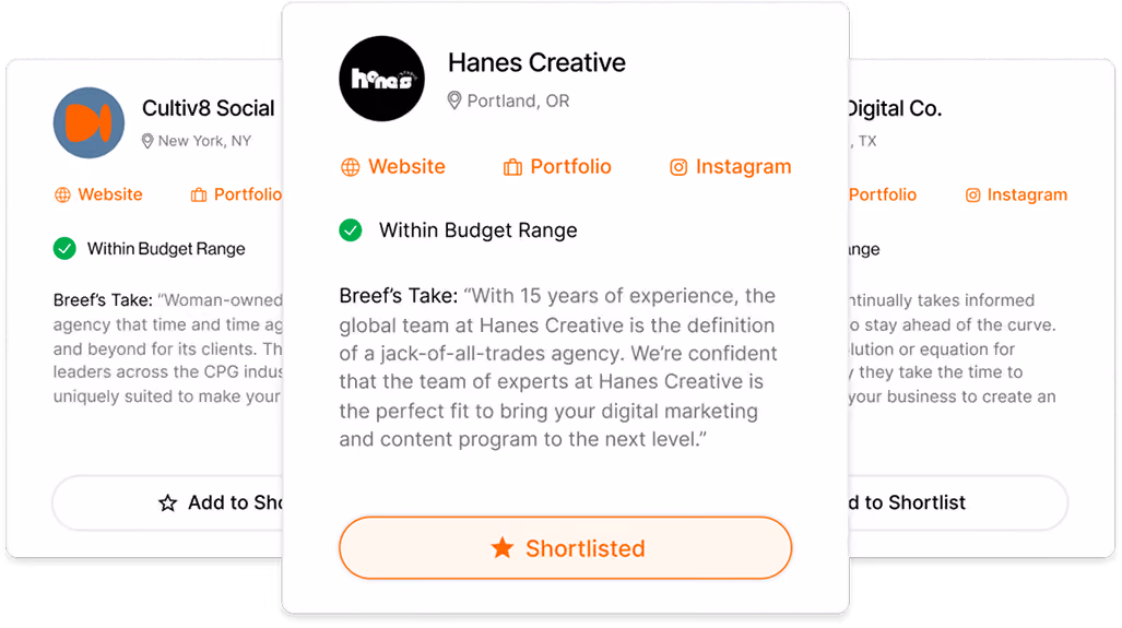 Hanes Creative card with location Portland, OR, links to website, portfolio, Instagram and a Shortlisted button.