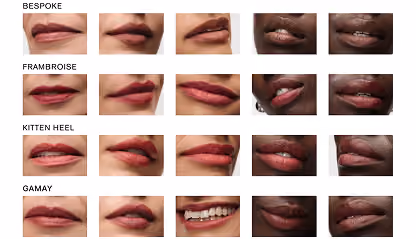 Four lipstick shades on lips: Bespoke, Framboise, Kitten Heel, Gamay, on different skin tones.
