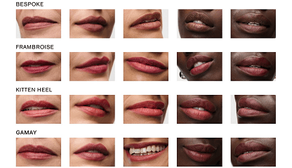 Four lipstick shades on lips: Bespoke, Framboise, Kitten Heel, Gamay, on different skin tones.