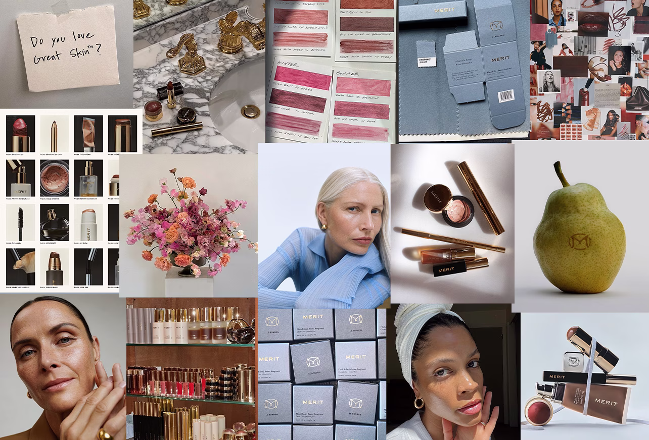 Collage of skincare products, makeup, models, flowers, and a pear branded with Merit logo.
