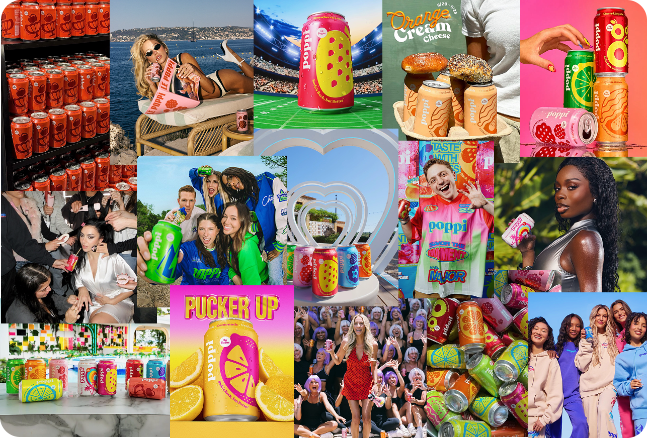 Collage of skincare products, makeup, models, flowers, and a pear branded with Merit logo.