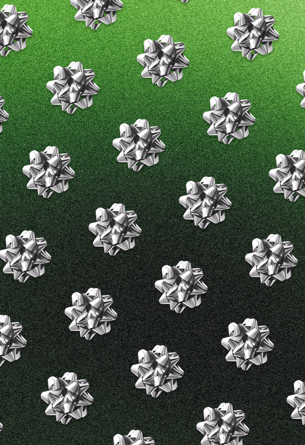 Rows of shiny silver gift bows scattered across a green textured background.