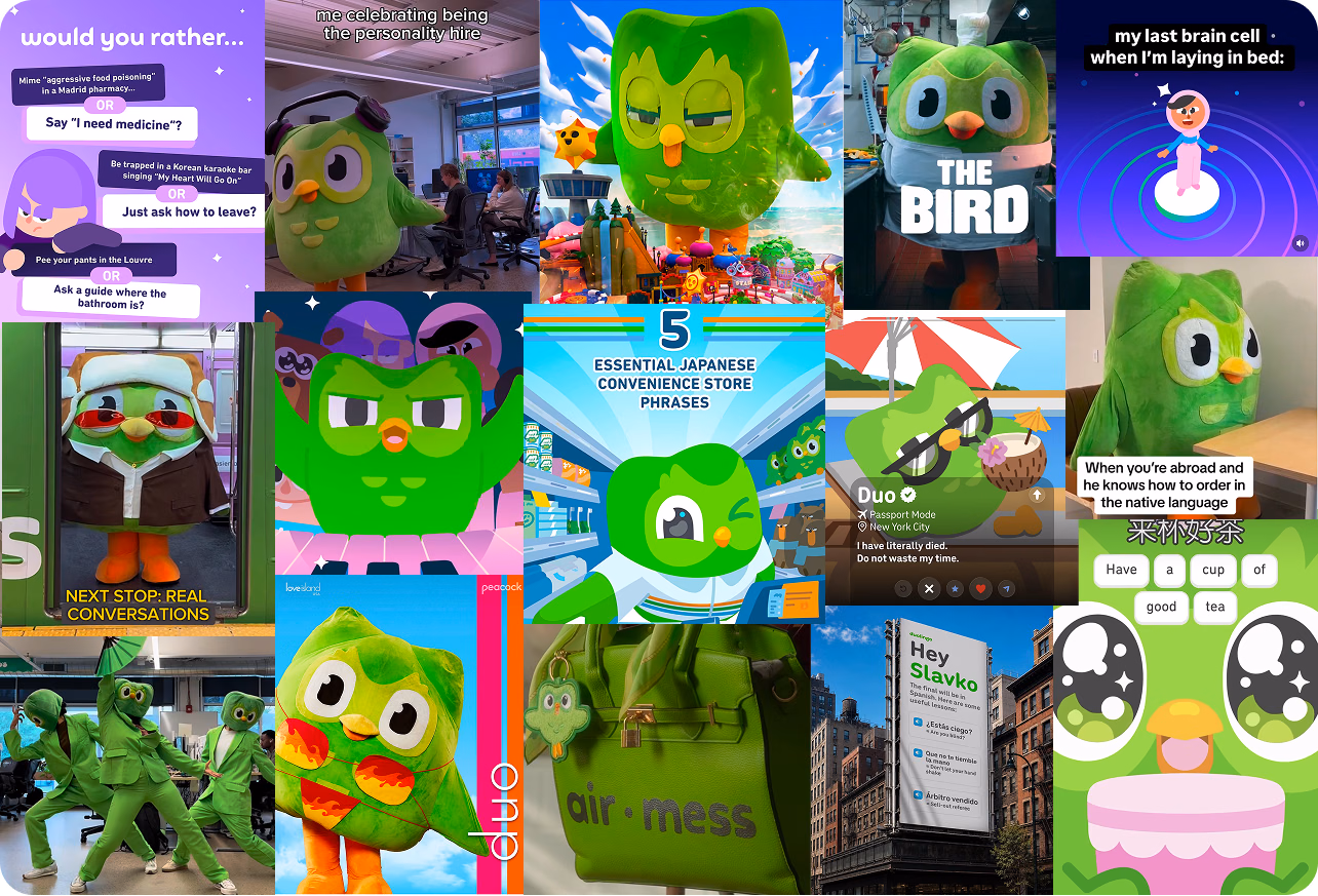 Collage of Duolingo social posts and campaigns featuring Duo, the brand's green owl mascot