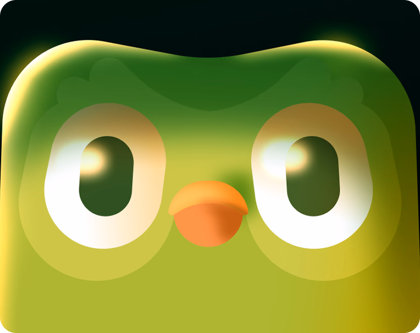 Close-up of the face of Duo, Duolingo's green owl mascot