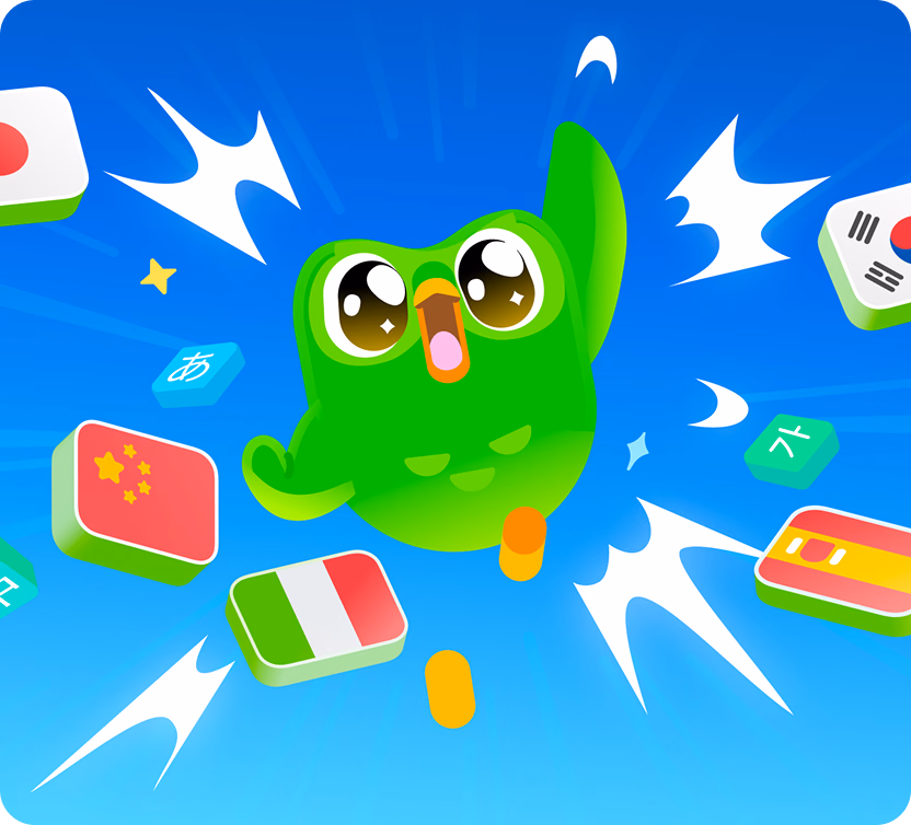 Duo the Duolingo owl jumping among language flags and alphabet tiles