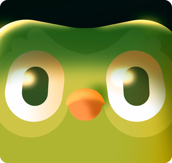 Close-up of the face of Duo, Duolingo's green owl mascot