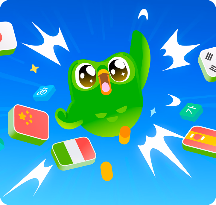 Duo the Duolingo owl jumping among language flags and alphabet tiles