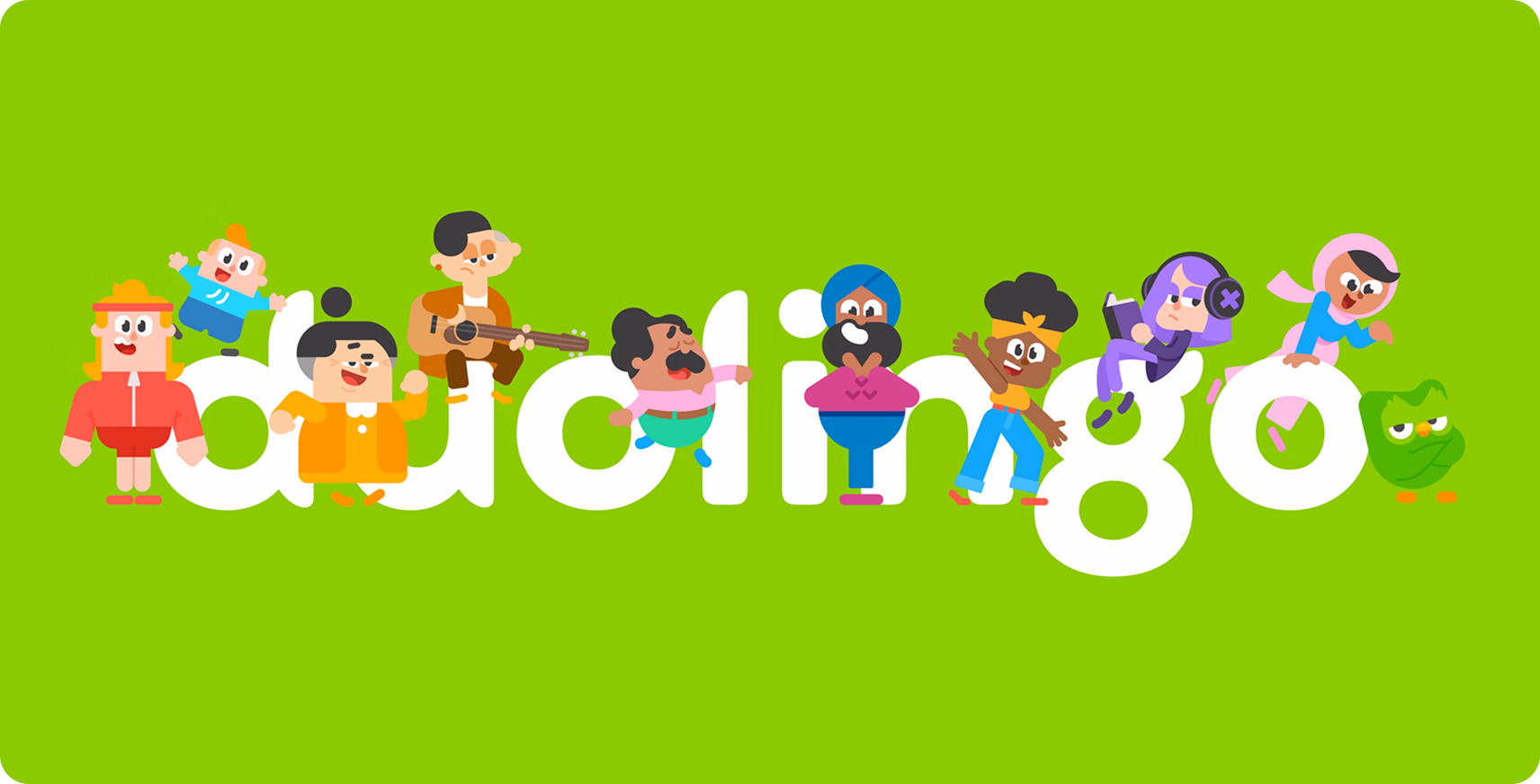 Duolingo wordmark on a green background, surrounded by Duo the owl and the app's cast of characters