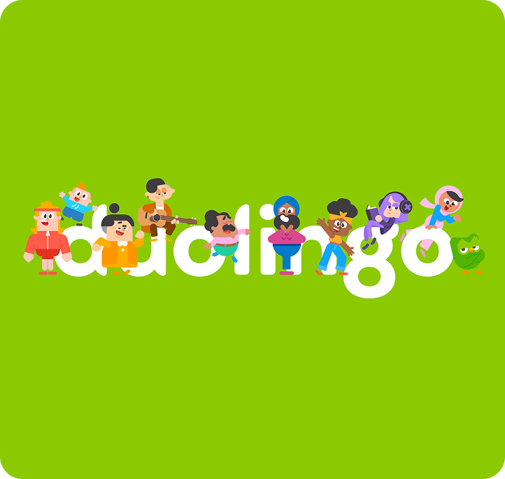 Duolingo wordmark on a green background, surrounded by Duo the owl and the app's cast of characters