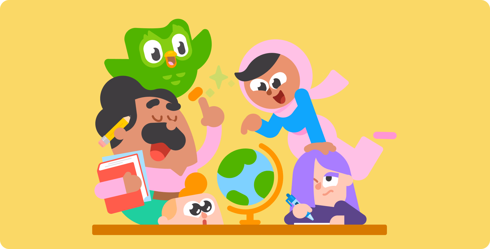 Duo the owl and Duolingo characters gathered around a globe and books on a yellow background