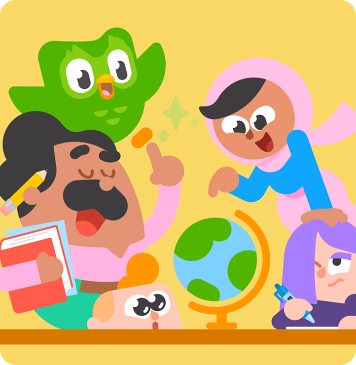 Duo the owl and Duolingo characters gathered around a globe and books on a yellow background