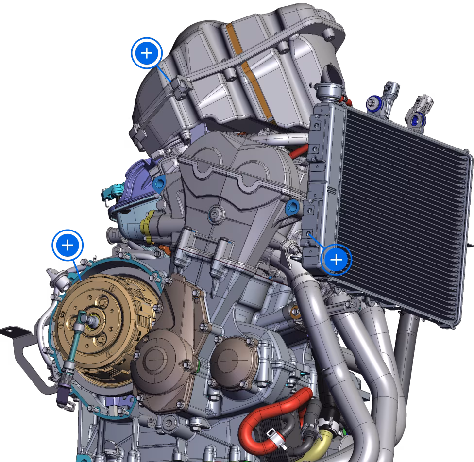 3D rendering of a complex engine assembly with a radiator, pipes, and mechanical components, highlighted with three blue plus icons.