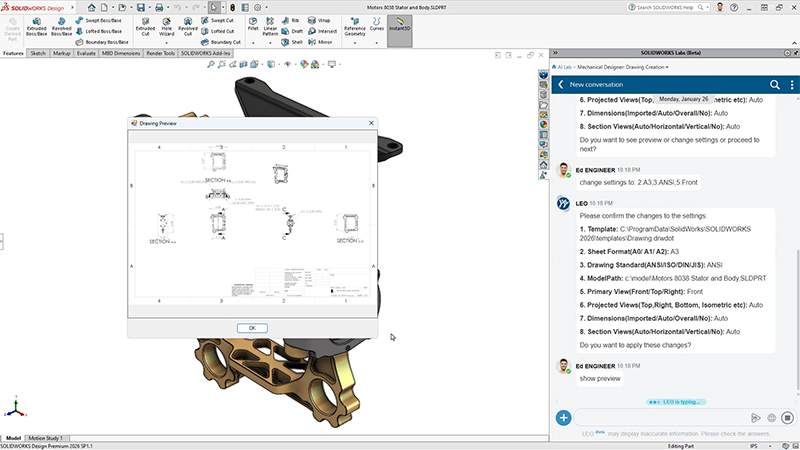 SOLIDWORKS drawing preview beside a 3D model and a LEO conversation about drawing settings.