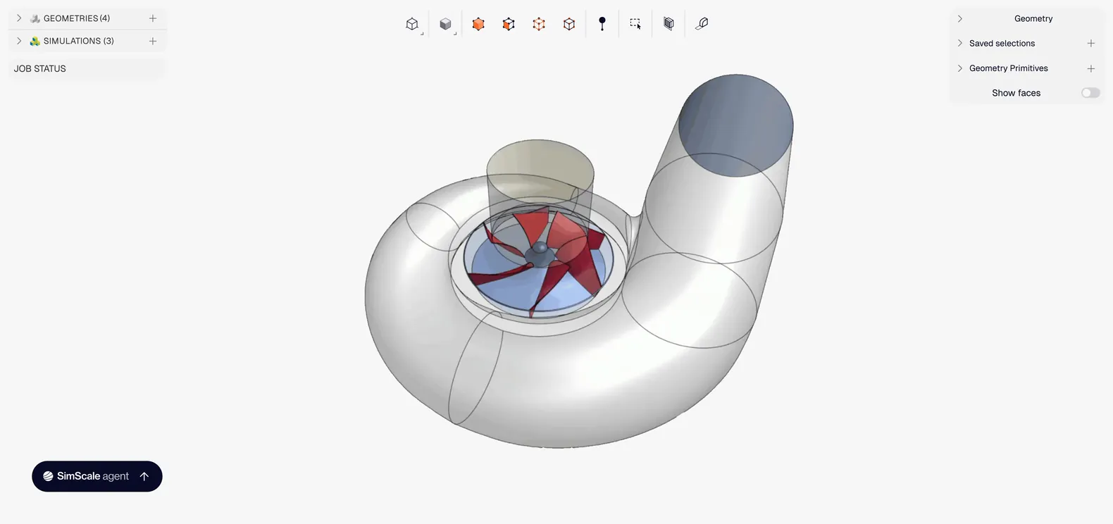 SimScale workspace with a pump model, simulation navigation, and the SimScale agent control.