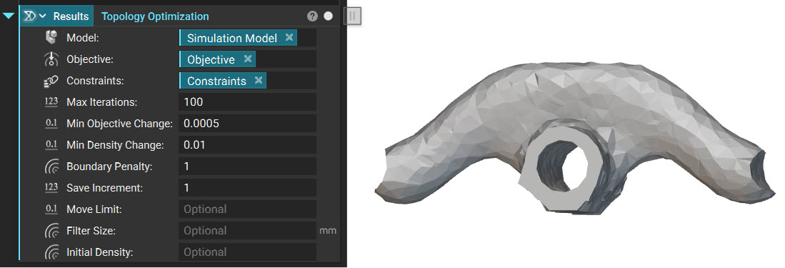 nTop Topology Optimization block settings beside the resulting optimized bracket geometry.