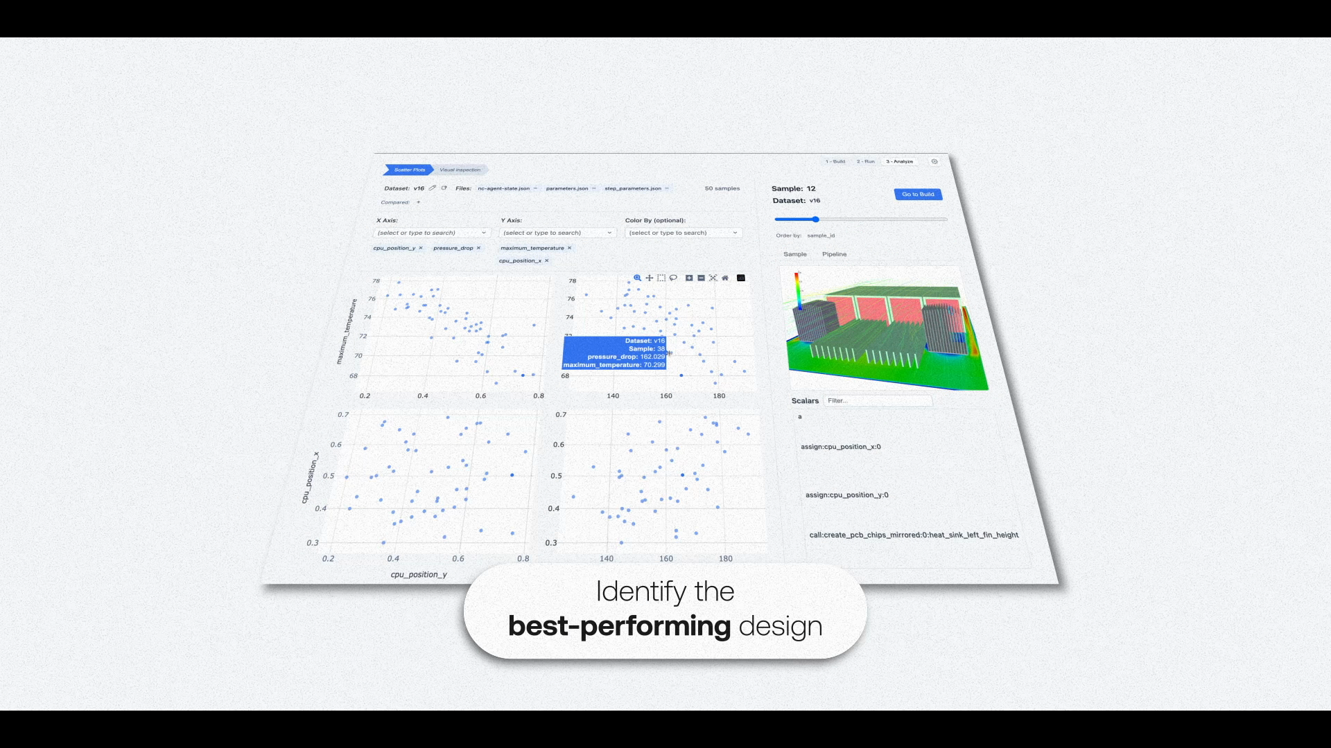 Neural Concept demo showing performance scatter plots beside a 3D electronics cooling model.