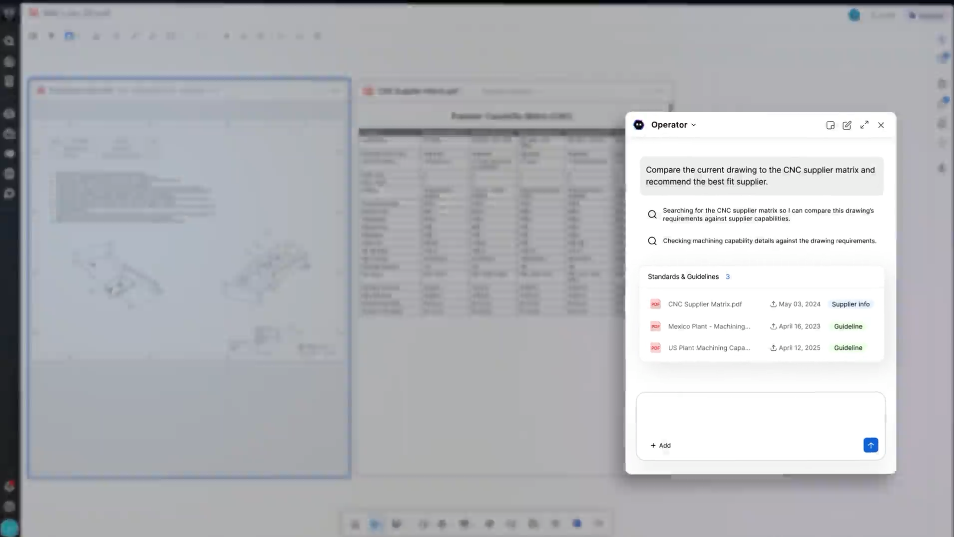 CoLab Operator compares an engineering drawing with supplier requirements and machining standards in a CoLab workspace.