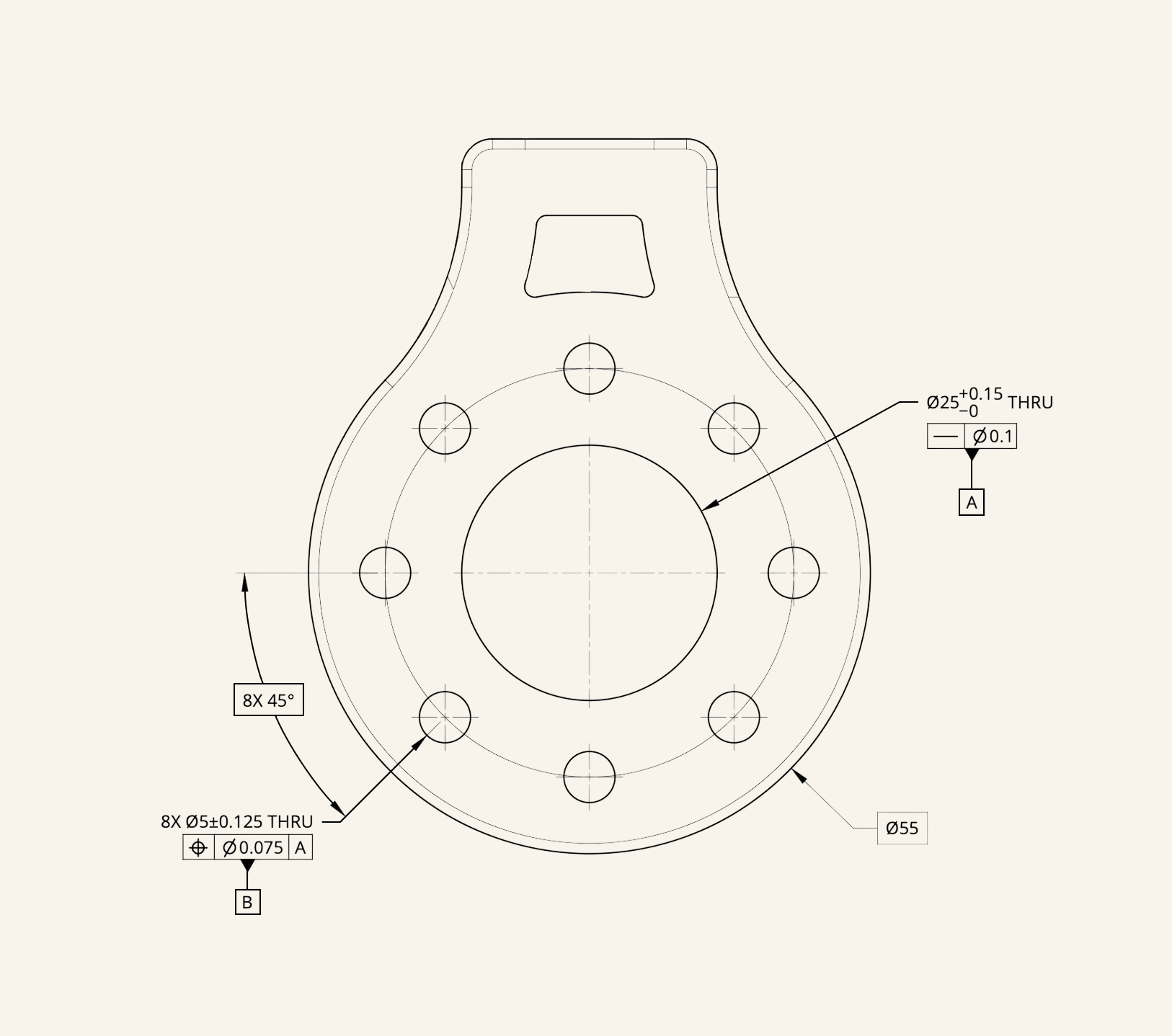 Drafter mounting-bracket drawing with bore dimensions, datum references, and a bolt-hole pattern.