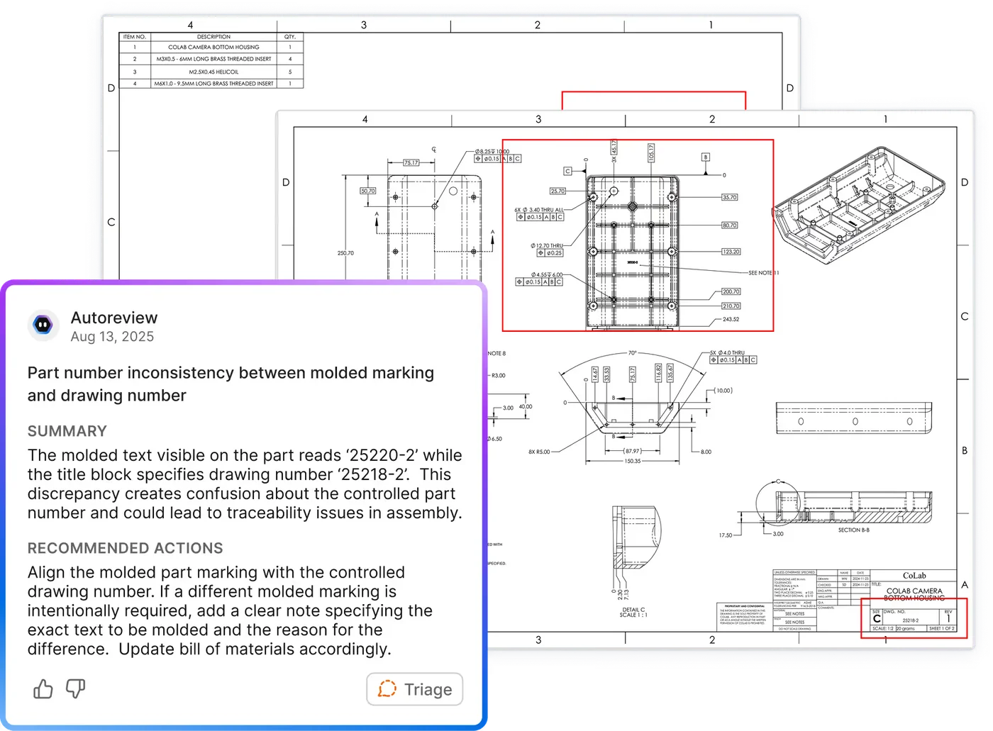 CoLab AutoReview flags a part-number mismatch between a drawing’s molded marking and title block.
