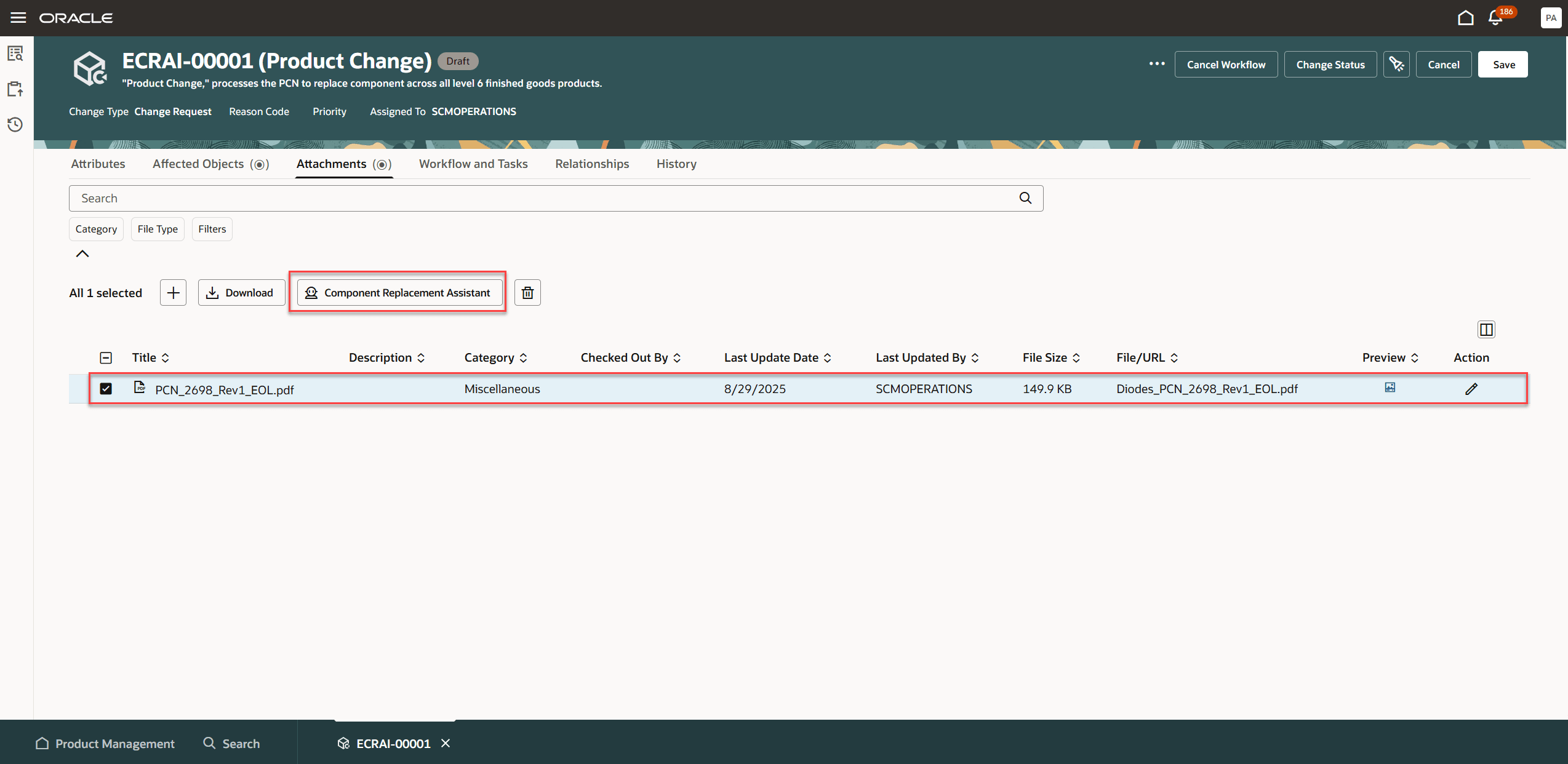 Oracle Fusion Cloud PLM change request with a selected product change notification and the Component Replacement Assistant button highlighted.