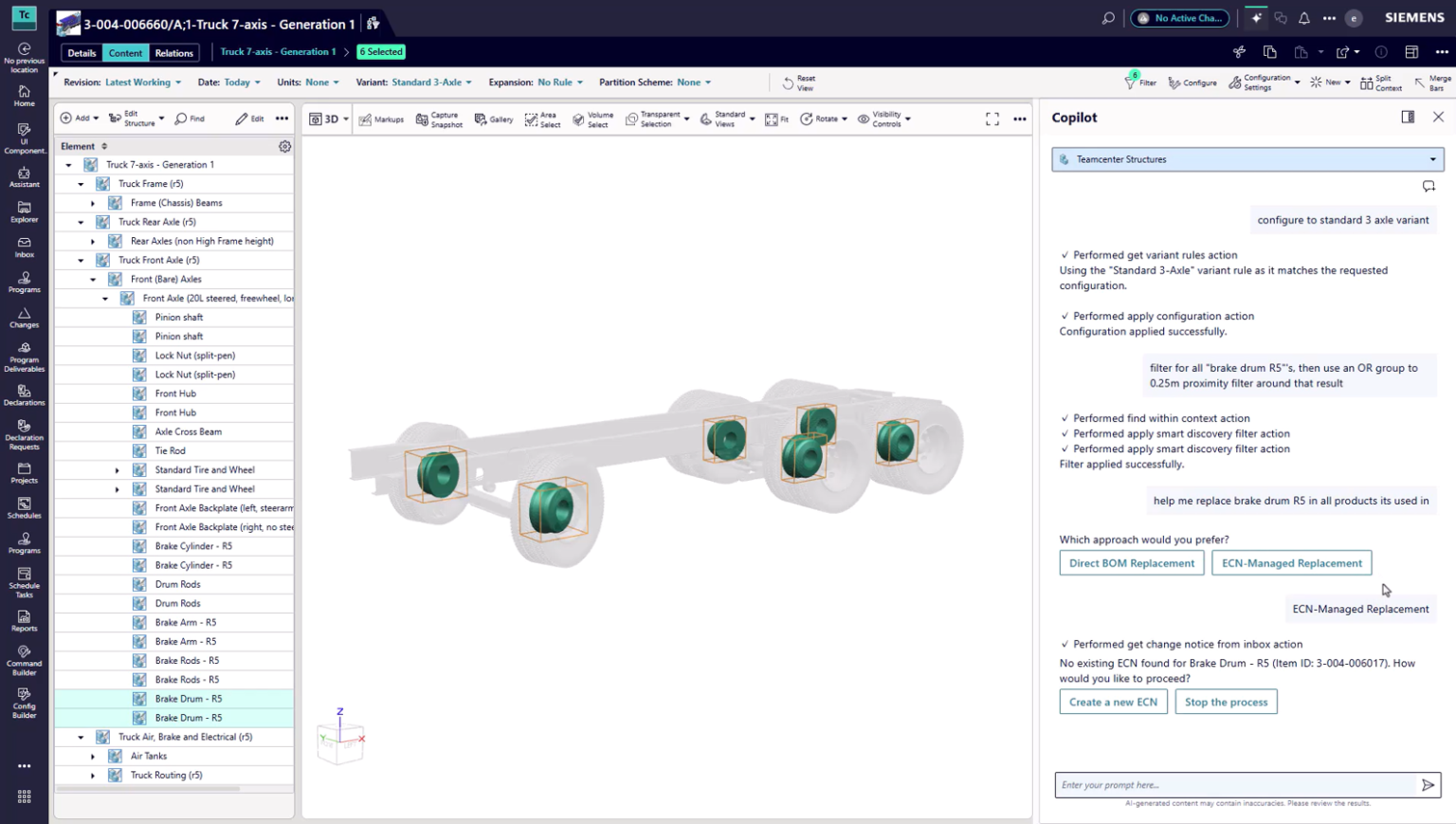 Teamcenter Copilot shows a truck assembly, its BOM, and a conversation about replacing brake drum components through an engineering change.