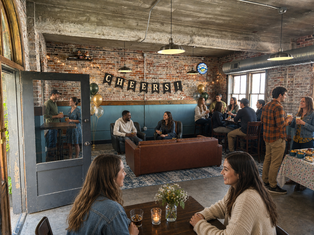 People sitting and talking around tables and couches in the hideaway