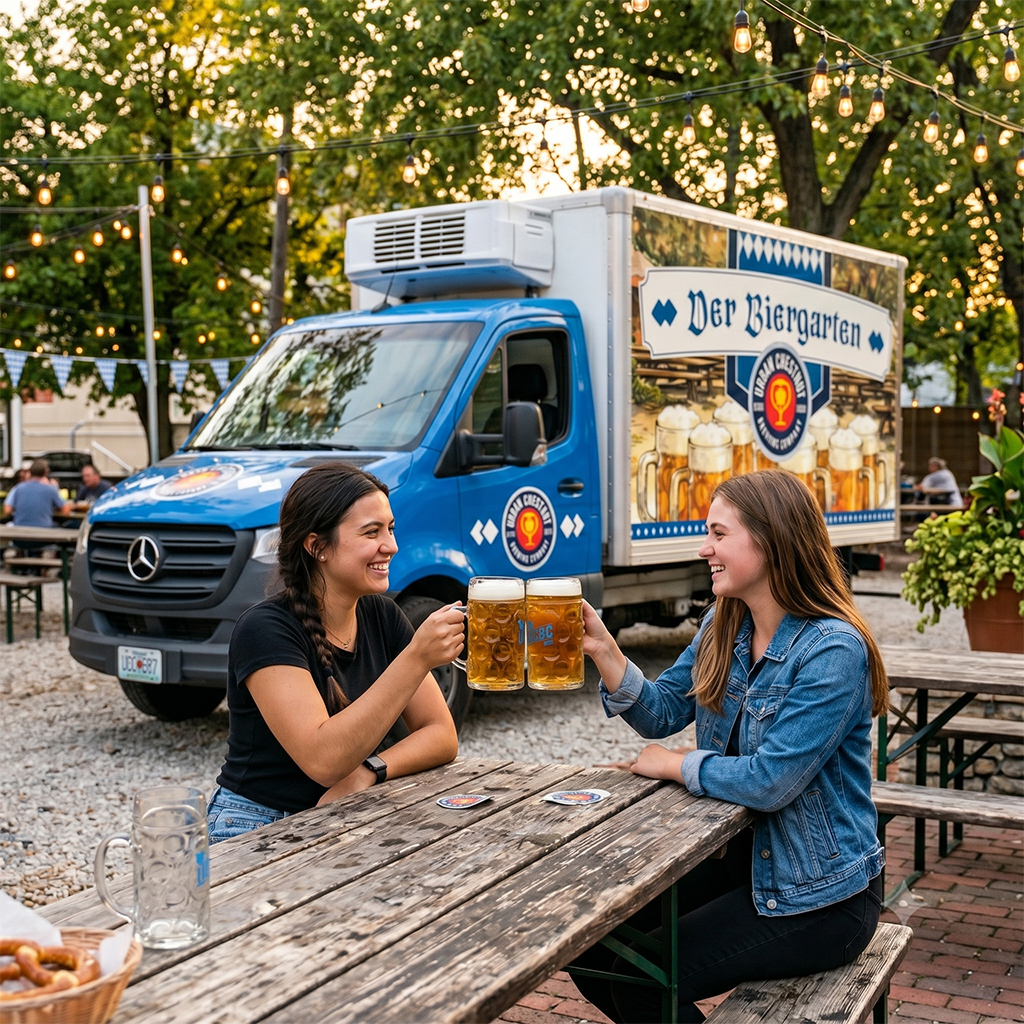 Two people sitting at a table cheering bier glasses in front of the Der Biergarten truck