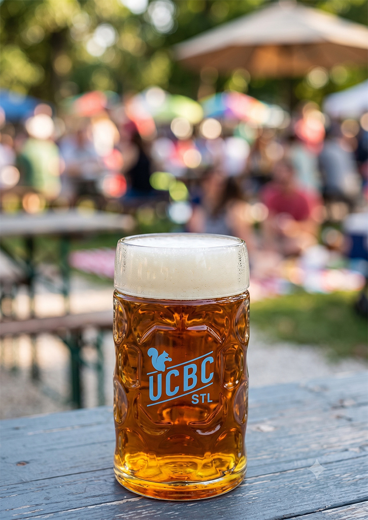 A UCBC glass filled with beer sitting on a table