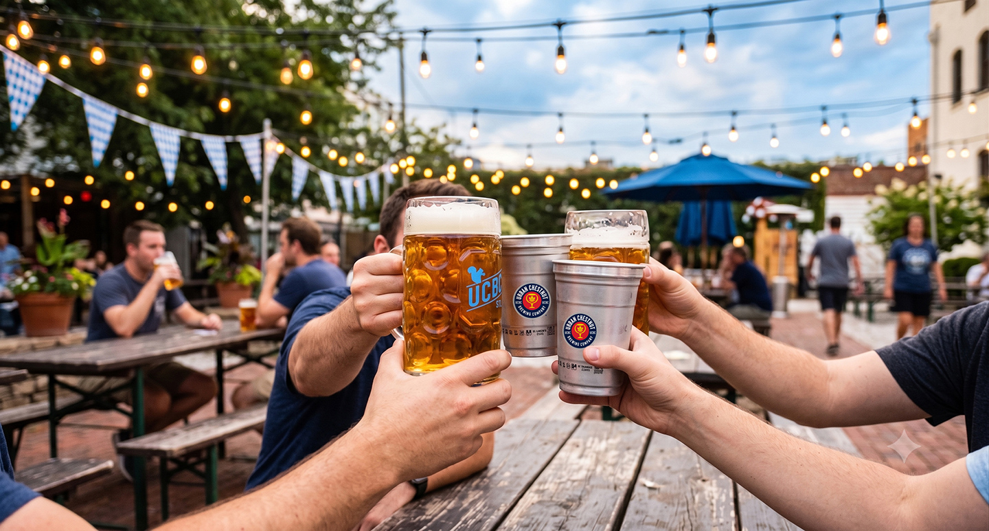 A group cheering cups, glasses and mugs at an outdoor table
