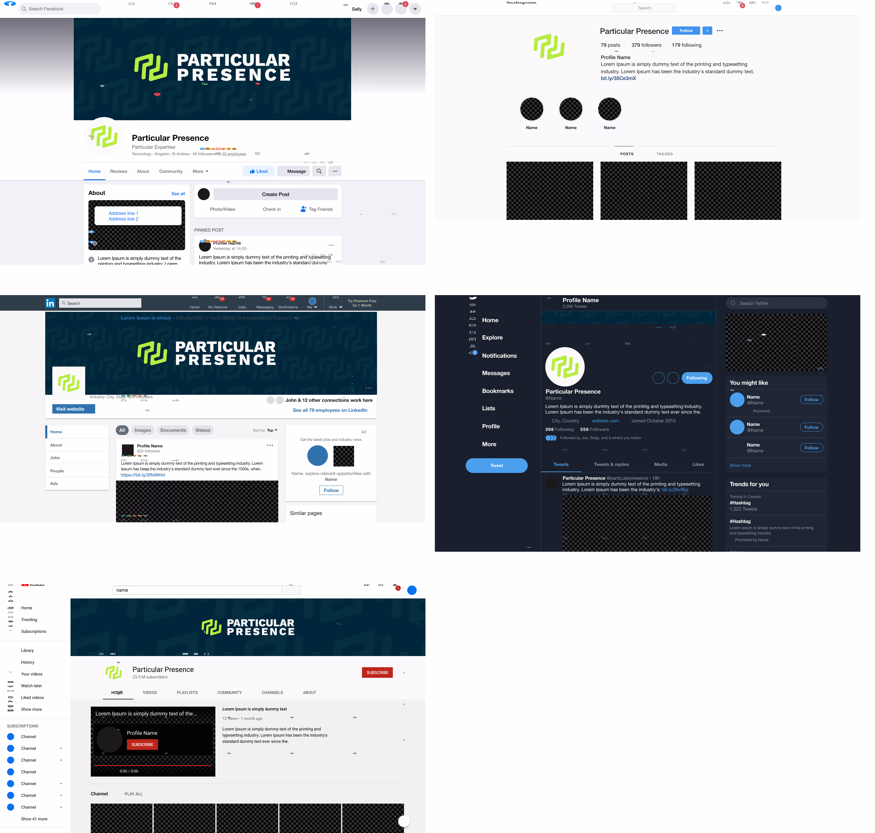 Sample social media mockups for Particular Presence