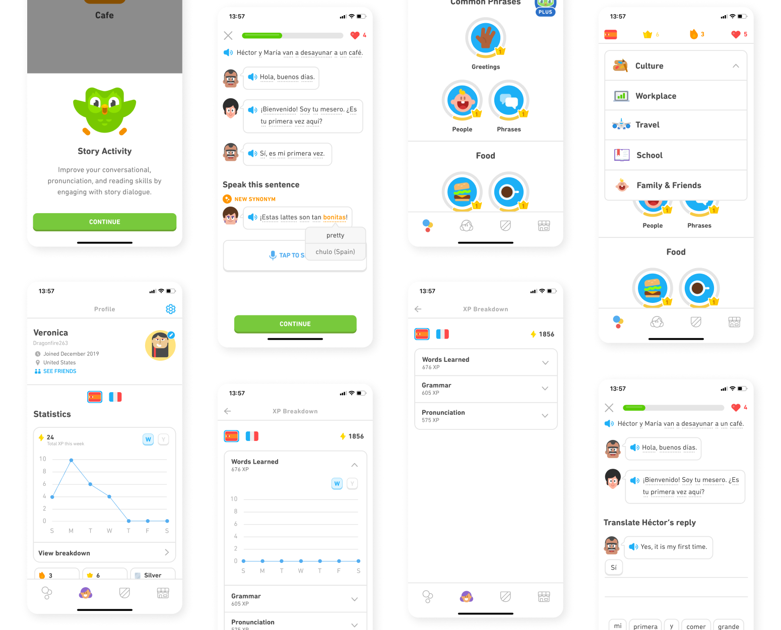 A mockup of the Duolingo screens that are stacked on top of each other