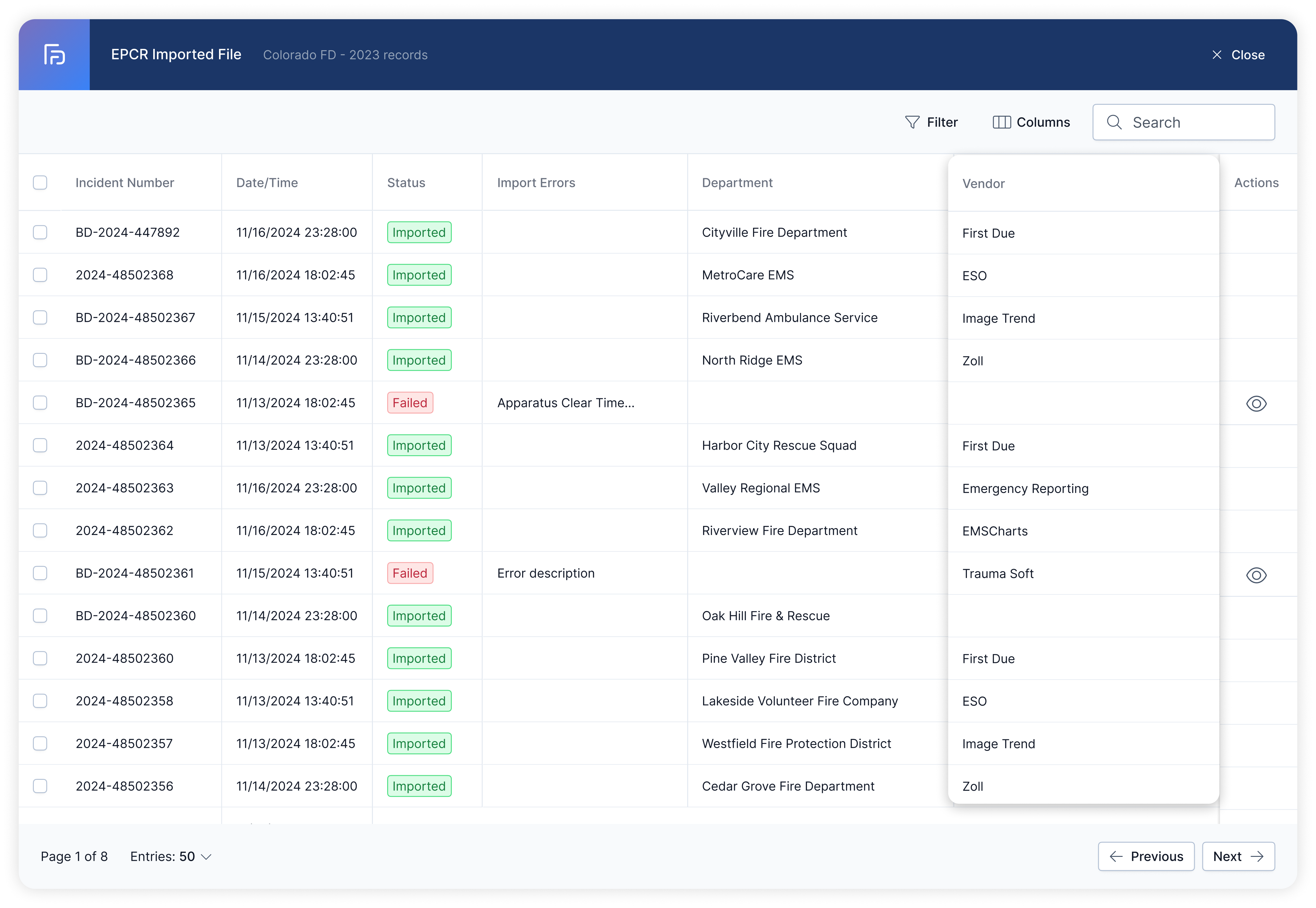 Data table showing EPCR imported file records from Colorado FD 2023 with columns for Incident Number, Date/Time, Status, Import Errors, Department, Vendor, and Actions, with some entries marked Imported or Failed.