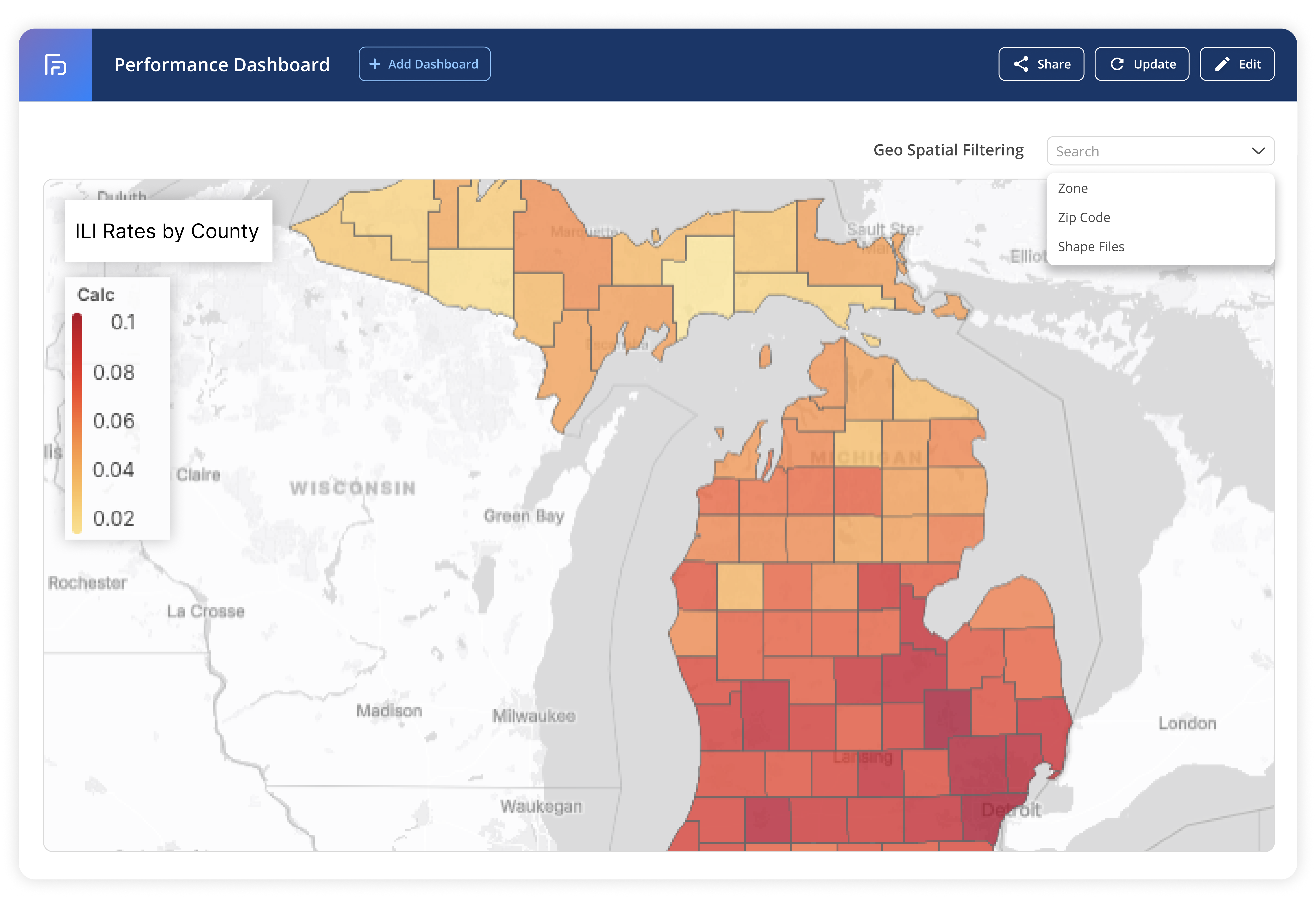 Performance dashboard map showing ILI rates by county in Michigan, with a color gradient from yellow to red indicating increasing rates.