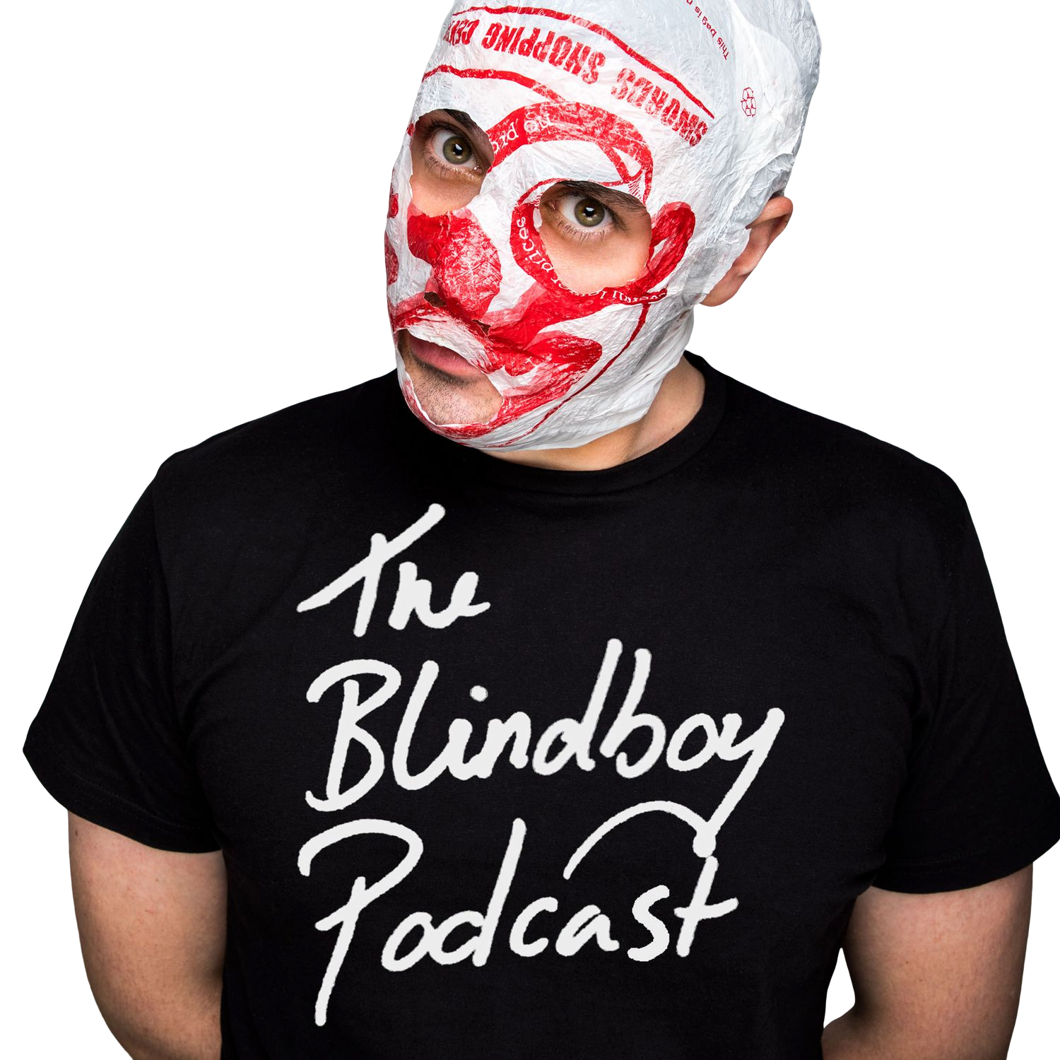 Image of Blindboy Boat-club with a black t-shit with "The Blindboy Podcast" written on it. Blindboy has his arms behind his back and his head slightly tilted to one side. 