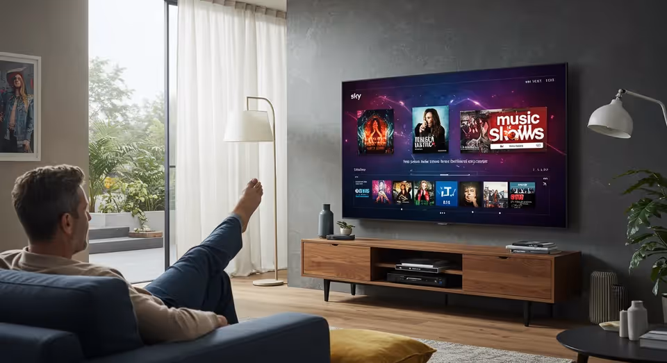 Homem relaxando e assistindo SKY na TV da sala