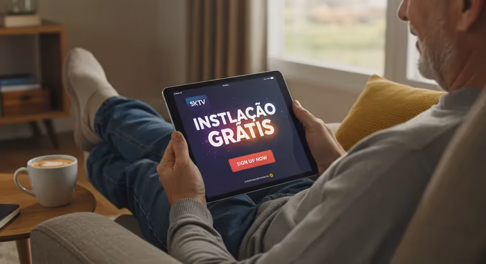 Homem visualizando oferta de instalação grátis SKY TV