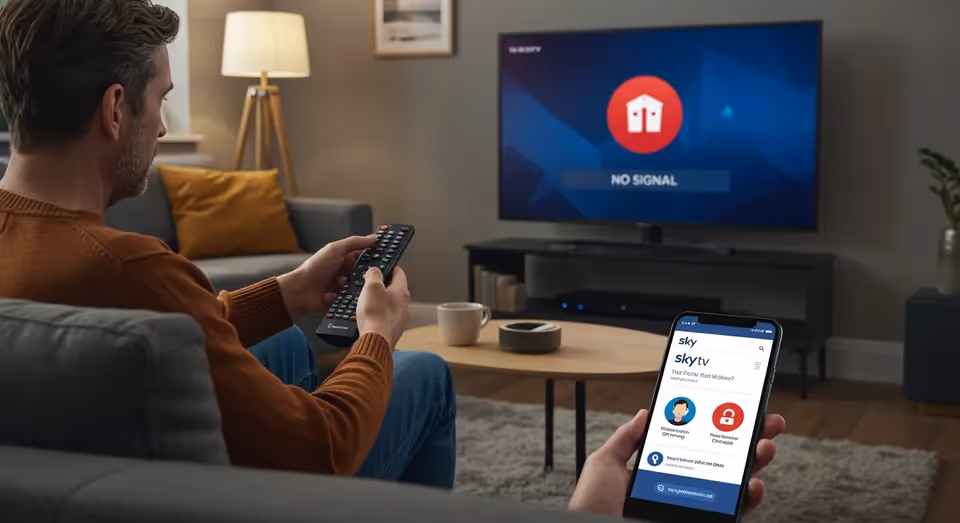 Homem no sofá usando controle remoto com TV sem sinal