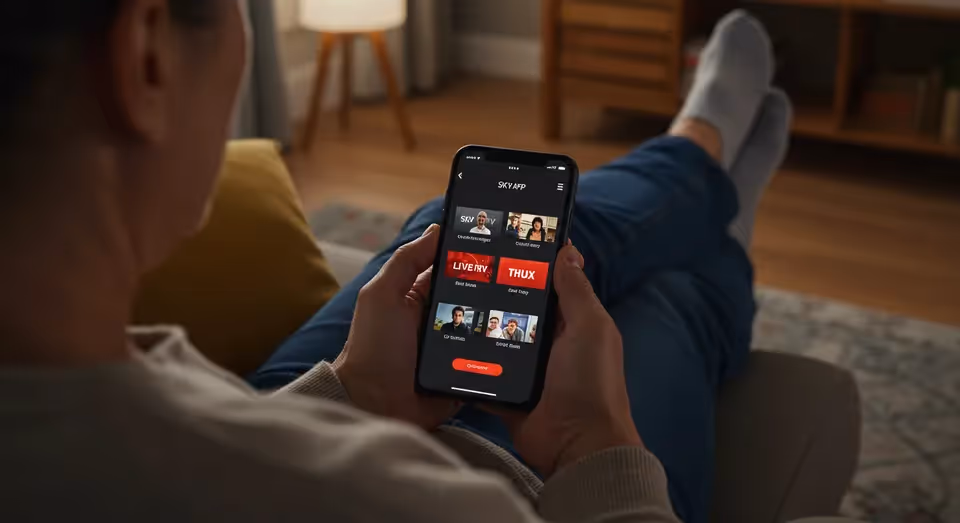 Pessoa navega no app da SKY para assistir conteúdos