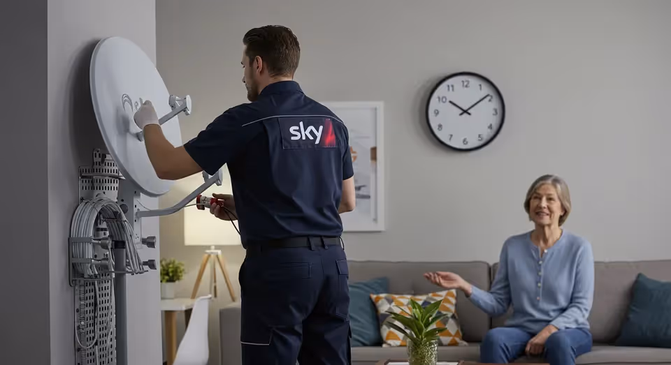 Técnico instalando antena de TV Sky com cliente observando.