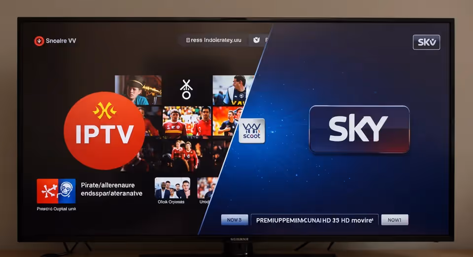 Comparação entre IPTV pirata e SKY premium em uma TV dividida.