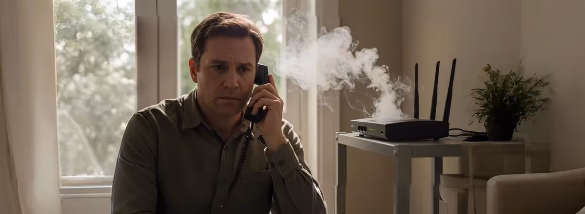Homem preocupado ao telefone com roteador soltando fumaça ao lado.