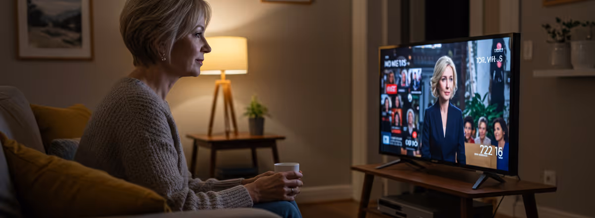 Mulher assistindo TV com transmissão de notícias à noite.