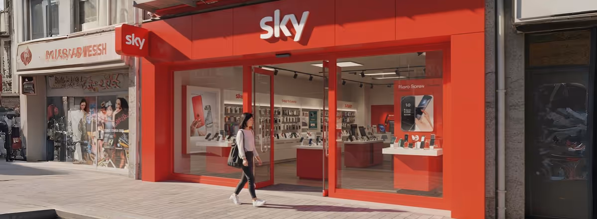 Vista externa de uma loja Sky vermelha com smartphones em exibição.