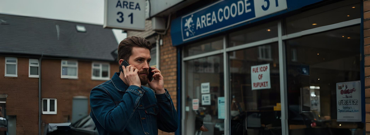 Homem barbudo de casaco jeans falando ao celular em frente a loja com placa “Area Code 31”