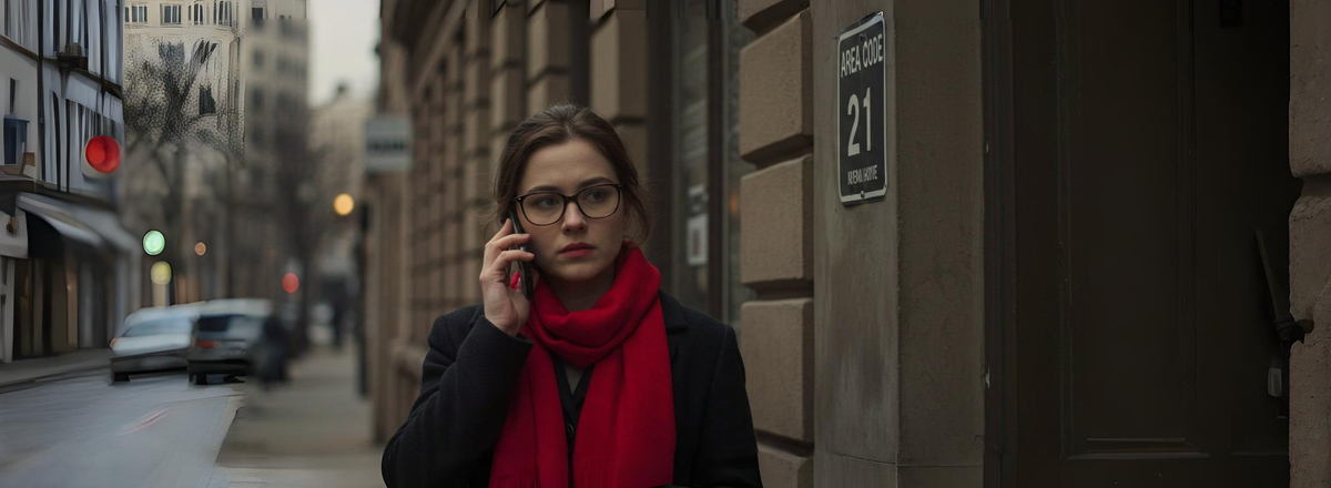 Mulher de óculos e cachecol vermelho falando ao celular na calçada ao lado de uma parede com placa “Area Code 21”.